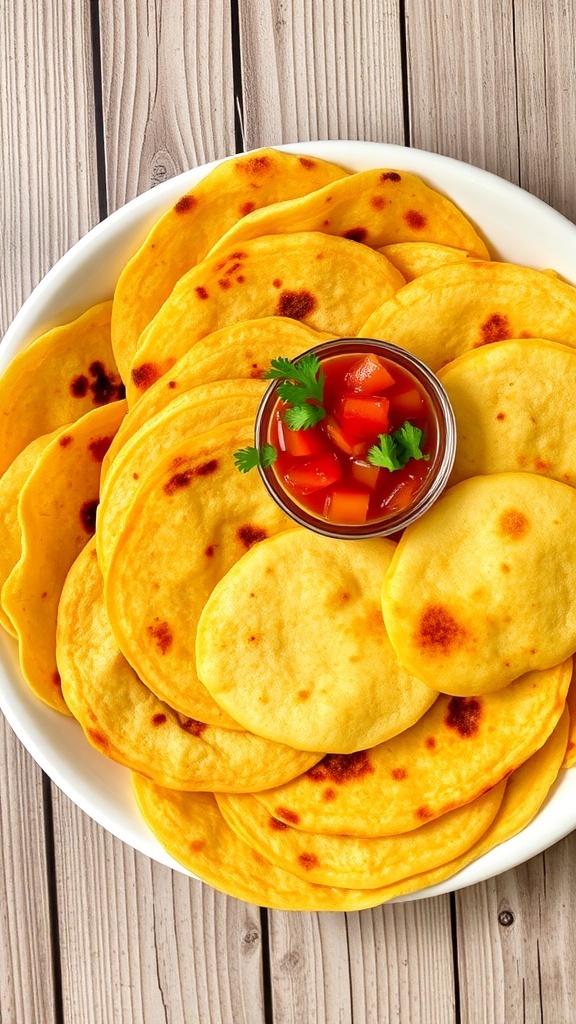 Crispy air fryer tortillas served with salsa on a rustic table.